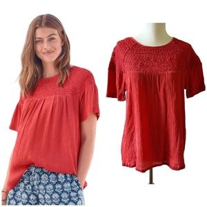 SUNDANCE EVENTIDE SS TOP BLOUSE TONAL CORDING DIAMOND SMOCKING CRINKLE VOILE S